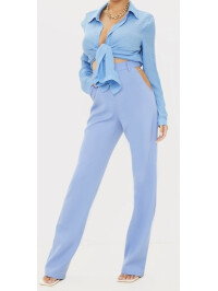 PANTALONI DREPT ȚESUȚI ALBASTRU PRĂFIT CU DETALIU IN TALIE