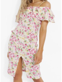 Rochie midi albă cu volane cu imprimeu floral