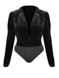 Body cu mânecă lungă cu guler adânc din catifea neagră