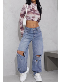 TOP CROP CU MÂNECĂ LUNGĂ, BEJ, CU IMPRIMARE FUME