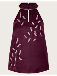 Top mov Simone cu guler halter, broderie și pene