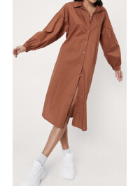 Rochie cămașă midi din poplin din bumbac cu mâneci bufante