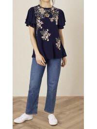 Top albastru cu broderie florală-Bleumarin-36