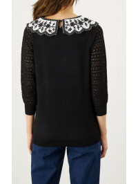 Pulover cu guler contrastant din tricot și cusături, din poliester reciclat-Negru-XL