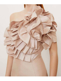 Rochie maxi Bardot lungă, din tafta metalică, decorată cu rozetă