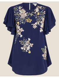 Top albastru cu broderie florală-Bleumarin-36