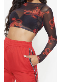 Bluza cu mânecă lungă din plasă cu imprimeu cu dragon roșu