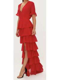 ROCHIE MAXI ȘIFON ROSĂ, STRAT CU VOLANE