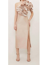 Rochie maxi Bardot lungă, din tafta metalică, decorată cu rozetă-Crem-42