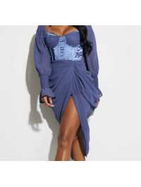 ROCHIE MIDI DRAPATĂ DE SATIN ALBASTRU MINERAL 