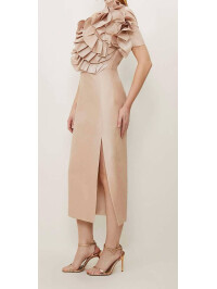 Rochie maxi Bardot lungă, din tafta metalică, decorată cu rozetă