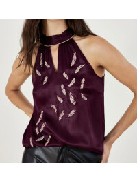 Top mov Simone cu guler halter, broderie și pene