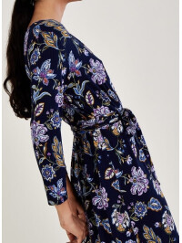 Rochie petrecută albastră din jerseu cu nervuri și imprimeu floral-Bleumarin-42