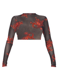 Bluza cu mânecă lungă din plasă cu imprimeu cu dragon roșu