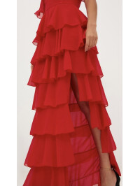 ROCHIE MAXI ȘIFON ROSĂ, STRAT CU VOLANE