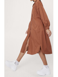 Rochie cămașă midi din poplin din bumbac cu mâneci bufante