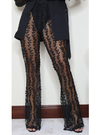 PANTALONI EVAZAȚI ȚESUȚI NEGRI DIN DANTELĂ