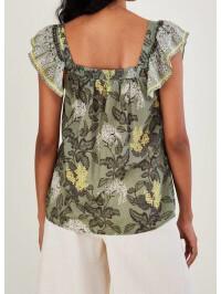 Top fără mâneci verde, cu imprimeu vintage, decolteu pătrat și broderie-Verde-L