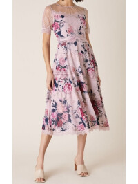 Rochie Millicent cu imprimeu floral și dantelă, nuanță nud.