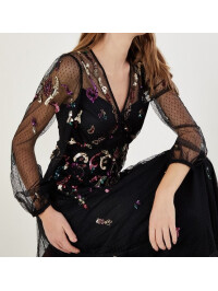 Rochie midi Colbie cu detalii strălucitoare, neagră.-Negru-42