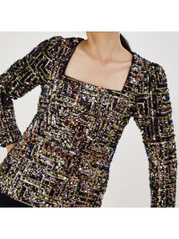 Top Fiona cu paiete, decolteu pătrat, negru.