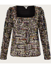 Top Fiona cu paiete, decolteu pătrat, negru.