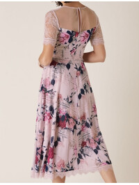 Rochie Millicent cu imprimeu floral și dantelă, nuanță nud.