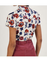 Top cu imprimeu floral și mâneci scurte din in-Multicolor-S