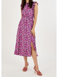 Rochie mov midi fără mâneci, cu volănașe și imprimeu floral mărunt-Mov-L