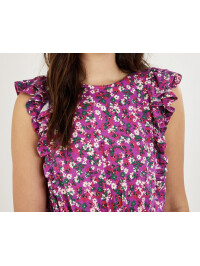 Rochie mov midi fără mâneci, cu volănașe și imprimeu floral mărunt-Mov-L