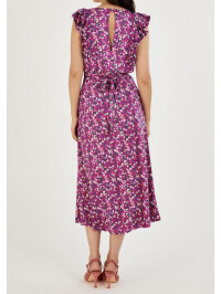 Rochie mov midi fără mâneci, cu volănașe și imprimeu floral mărunt