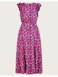 Rochie mov midi fără mâneci, cu volănașe și imprimeu floral mărunt