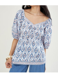 ARTISAN STUDIO – Bluză roz cu mâneci scurte, decorată cu imprimeu tip woodblock