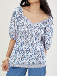 ARTISAN STUDIO – Bluză roz cu mâneci scurte, decorată cu imprimeu tip woodblock-Roz-S