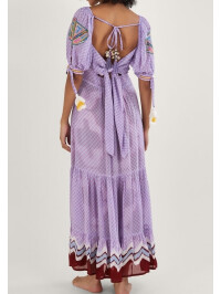 Rochie maxi mov cu imprimeu, detalii în stil chevron pe margini.