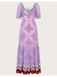 Rochie maxi mov cu imprimeu, detalii în stil chevron pe margini.