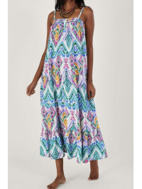 Rochie midi cu bretele, în stil cami, cu imprimeu Ikat și fustă cu volane-Mov-M