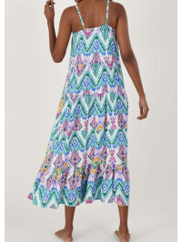 Rochie midi cu bretele, în stil cami, cu imprimeu Ikat și fustă cu volane