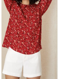Bluză cu guler cu volane și imprimeu floral mărunt-Rosu-XL