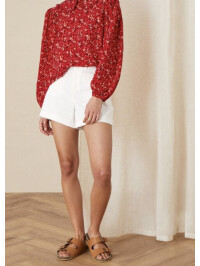 Bluză cu guler cu volane și imprimeu floral mărunt-Rosu-XL
