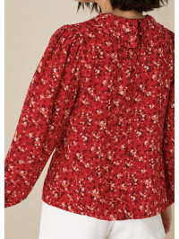 Bluză cu guler cu volane și imprimeu floral mărunt-Rosu-XL