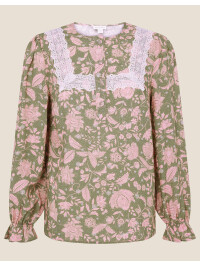 Bluză verde cu imprimeu floral și inserții din dantelă-Verde-48