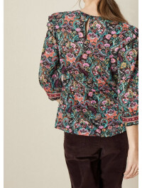 Bluză neagră cu imprimeu patchwork și broderie-Negru-M