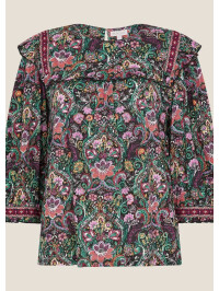 Bluză neagră cu imprimeu patchwork și broderie-Negru-L