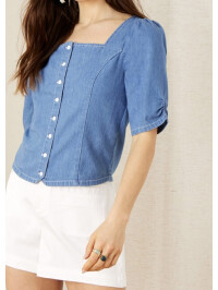 Top din denim cu decolteu pătrat-Albastru-46