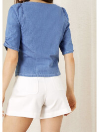 Top din denim cu decolteu pătrat-Albastru-46