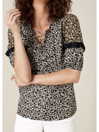 Top negru cu imprimeu floral monocrom și detalii cu volane-Negru-XL