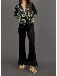 Pantaloni negri Raegan din catifea cu detalii tip pene-Negru-50