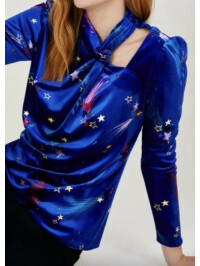 Bluză Ginny albastră din catifea elastică cu imprimeu stele-Albastru-XXL