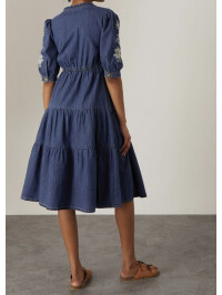 Rochie Dianna tip wrap din denim albastru, cu broderie